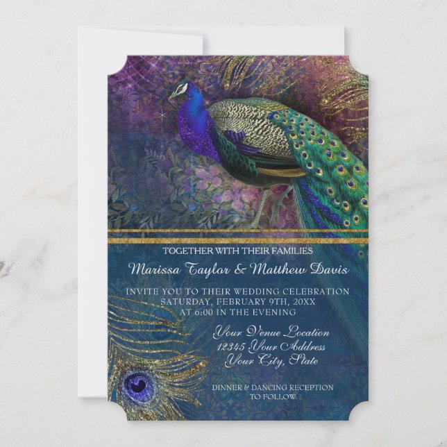 Invitation Peacock Feather Elegant Gold Winter Wedding Invit (Devant)