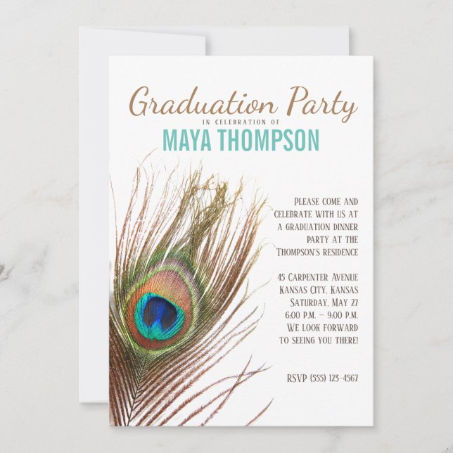 Invitation Peacock Feather Graduation (Devant)