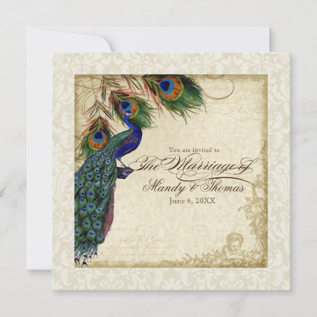 Invitation Peacock & Feather Mariage formel Inviter Crème Tan (Devant)