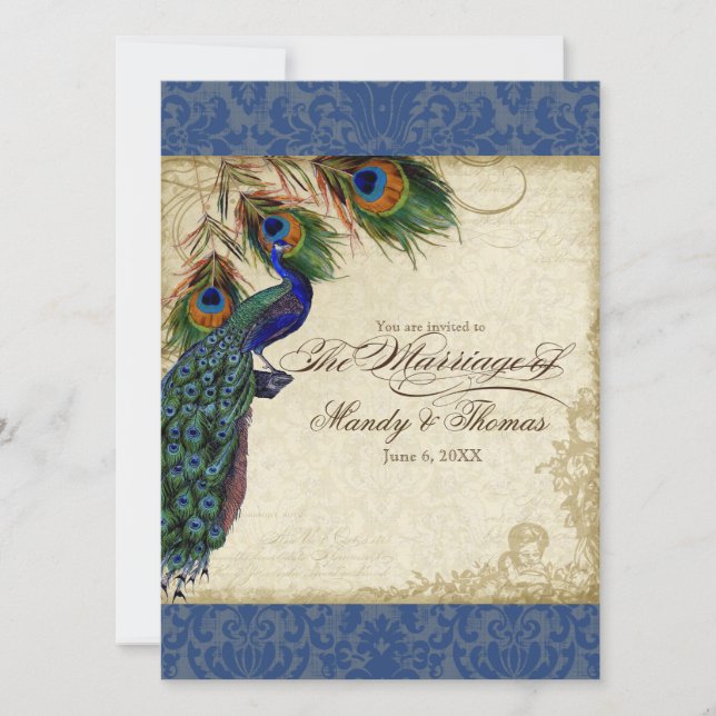 Invitation Peacock & Feather Mariage formel Inviter Marine Bl (Devant)