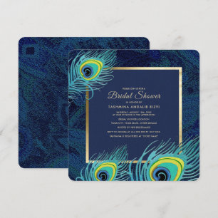 Invitation Peacock Feather Marine Blue Gold Fête des mariées