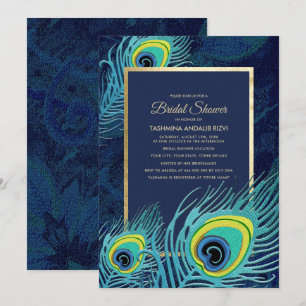 Invitation Peacock Feather Marine Blue Gold Fête des mariées