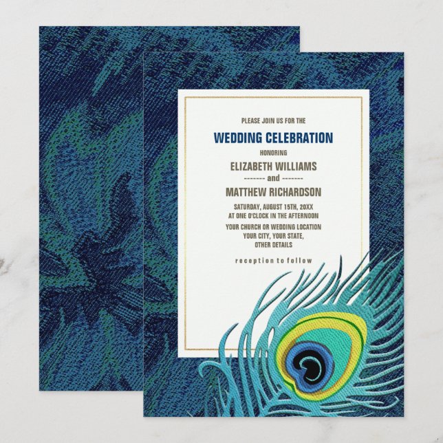 Invitation Peacock Feather Marine Mariage d'or bleu (Devant / Derrière)