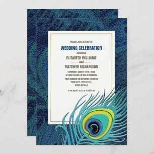 Invitation Peacock Feather Marine Mariage d'or bleu