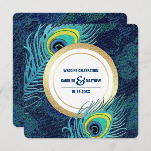 Invitation Peacock Feather Marine Mariage d'or bleu