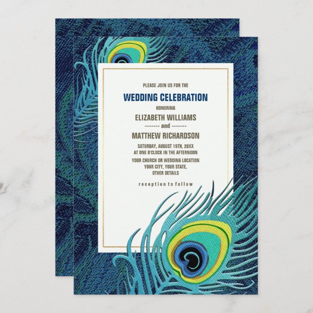 Invitation Peacock Feather Marine Mariage d'or bleu (Devant / Derrière)