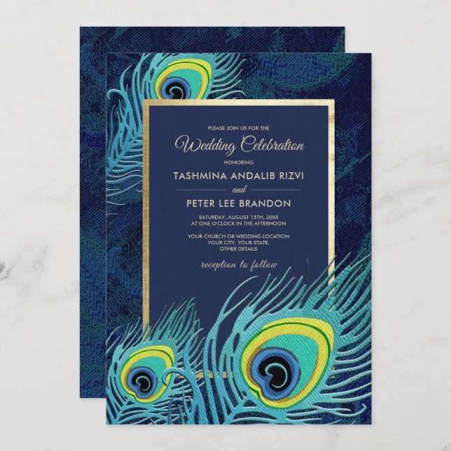 Invitation Peacock Feather Marine Mariage d'or bleu (Devant / Derrière)