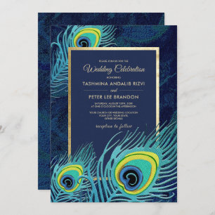 Invitation Peacock Feather Marine Mariage d'or bleu