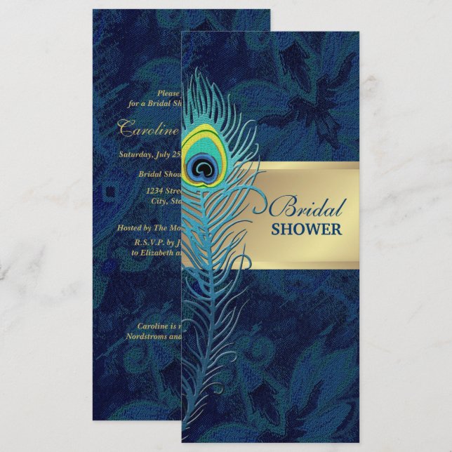 Invitation Peacock Feather Marine Motif Fête des mariées (Devant / Derrière)