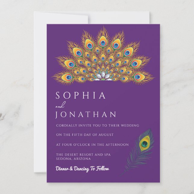 Invitation Peacock Feather violet Mariage moderne chic (Devant)