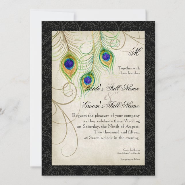 Invitation Peacock Feathers Aquarelle Black Mariage damassé (Devant)