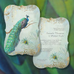 Invitation Peacock Feathers Elegant Aqua Blue Gold Wedding<br><div class="desc">This wedding invitation collection is a modern hand painted image in a vintage traditional regency, old Hollywood glam era elegance. It is a hand painted, original artwork by Audrey Jeanne Roberts of a beautiful Peacock with full tail feathers tucked together and sitting a large tree branch. Golden vintage swirl scroll...</div>