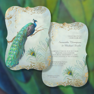 Invitation Peacock Feathers Elegant Aqua Blue Gold Wedding