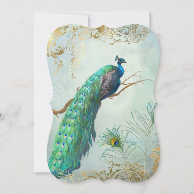 Invitation Peacock Feathers Elegant Gold Aqua Mariage bleu (Devant)