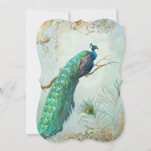 Invitation Peacock Feathers Elegant Gold Aqua Mariage bleu