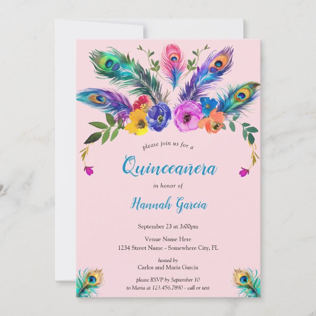Invitation Peacock Feathers & Fleurs Blush Pink Quinceañera (Devant)