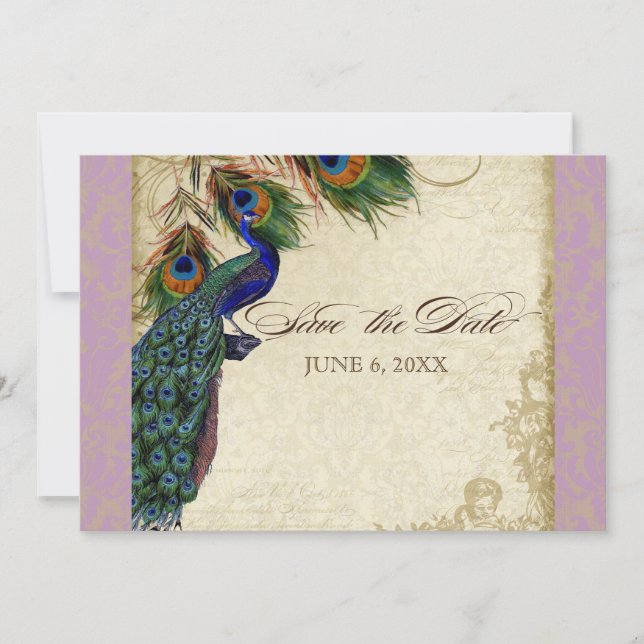 Invitation Peacock & Feathers Formal Enregistrer la date Aqua (Devant)