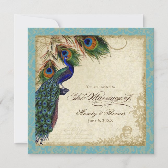 Invitation Peacock & Feathers Mariage formel Inviter Aqua Blu (Devant)