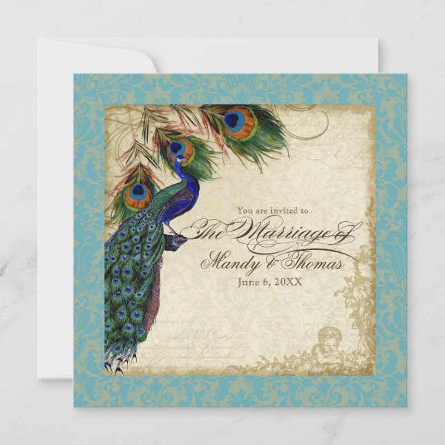 Invitation Peacock & Feathers Mariage formel Inviter Aqua Blu (Devant)