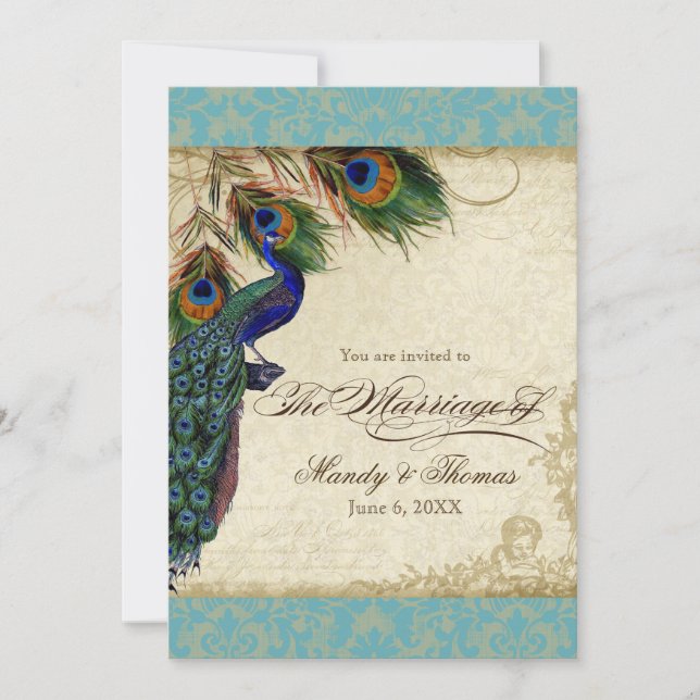 Invitation Peacock & Feathers Mariage formel Inviter Aqua Blu (Devant)