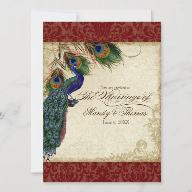 Invitation Peacock & Feathers Mariage formel Inviter Rouge (Devant)