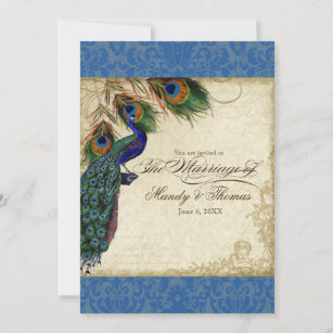 Invitation Peacock & Feathers Mariage formel Inviter Royal Bl