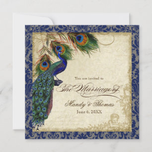 Invitation Peacock & Feathers Marine Blue Lace Mariage Carré