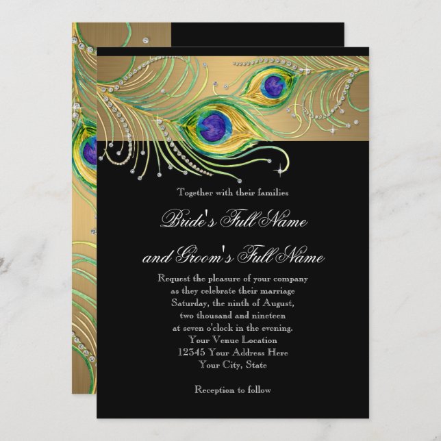 Invitation Peacock Feathers or n Black Modern Jewel Swirl (Devant / Derrière)