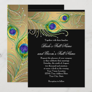Invitation Peacock Feathers or n Black Modern Jewel Swirl