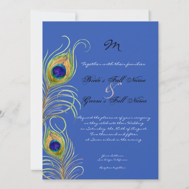 Invitation Peacock Feathers Royal Cobalt Blue Wedding Invite (Devant)