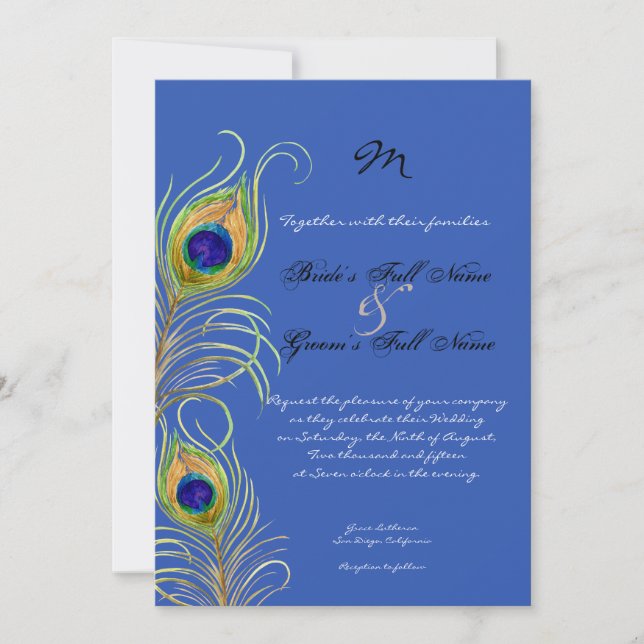 Invitation Peacock Feathers Royal Cobalt Blue Wedding Invite (Devant)