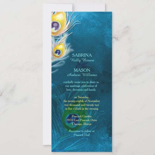 Invitation Peacock Feathers Rustique Peacock Mariage bleu (Devant)