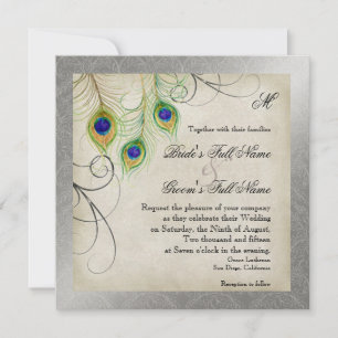 Invitation Peacock Feathers Silver Mariage damassé papeterie