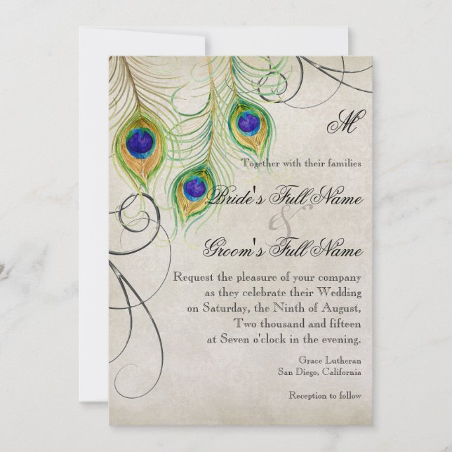 Invitation Peacock Feathers Silver Mariage damassé papeterie (Devant)