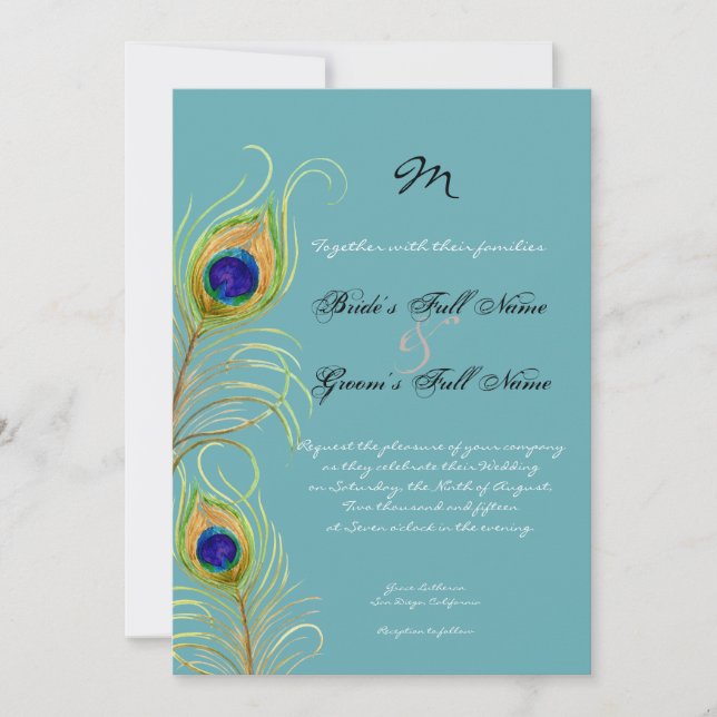 Invitation Peacock Feathers Turquoise Bleu Élégant Mariage In (Devant)