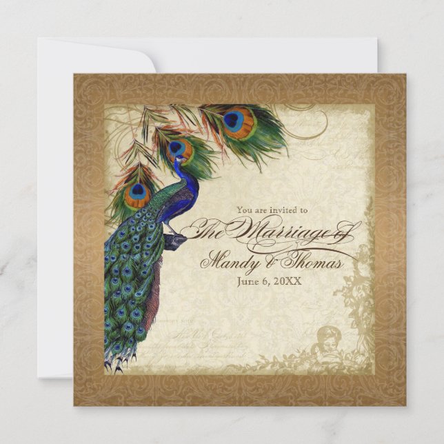 Invitation Peacock & Feathers Vintage Gold Look Damask Swirl (Devant)