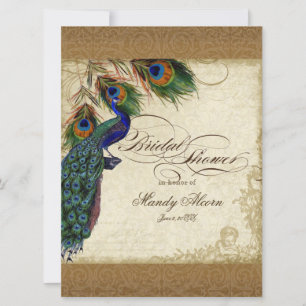 Invitation Peacock & Feathers Vintage Gold Look Damask Swirl