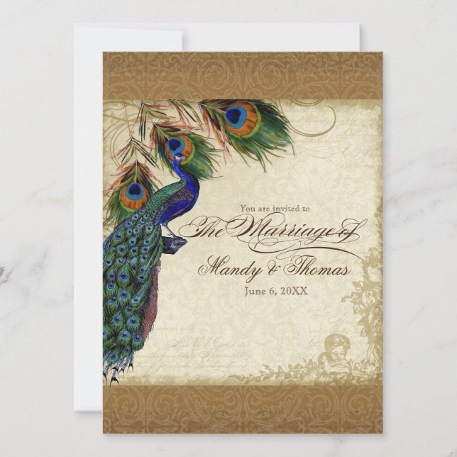 Invitation Peacock & Feathers Vintage Gold Look Damask Swirl (Devant)
