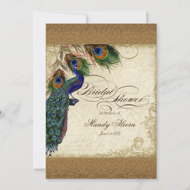 Invitation Peacock & Feathers Vintage Gold Look Damask Swirl (Devant)