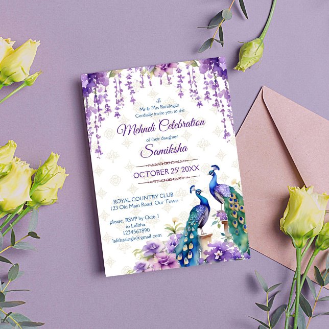 Invitation Peacock fleurs violettes Mehndi mariage indien (Peacock purple flowers Mehndi Indian wedding editable template Invitation instant digital download)