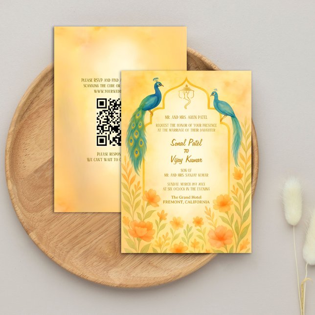 Invitation Peacock Floral Indien Hindu Mariage QR Code (Créateur téléchargé)
