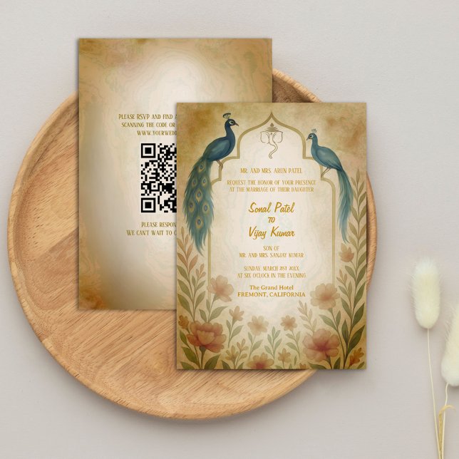 Invitation Peacock Floral Indien Hindu Mariage QR Code (Créateur téléchargé)