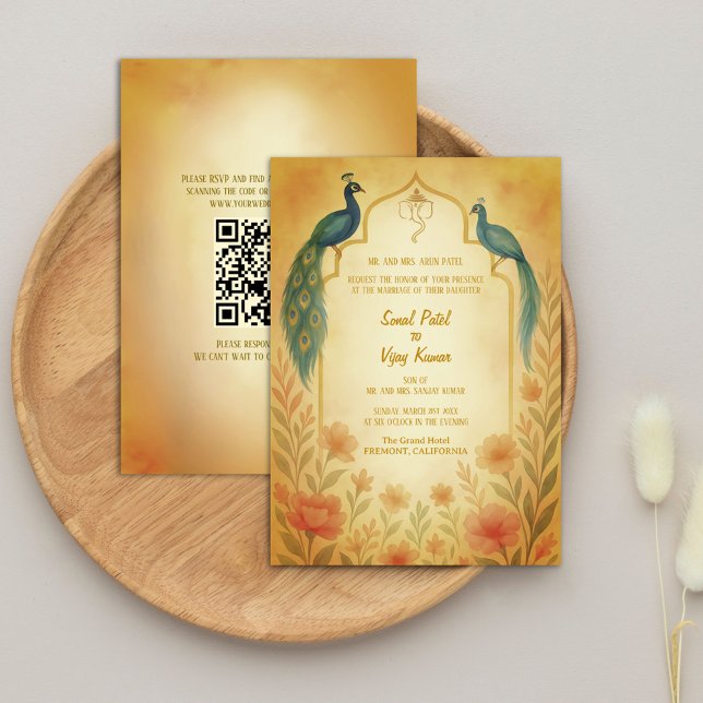 Invitation Peacock Floral Indien Hindu Mariage QR Code (Créateur téléchargé)