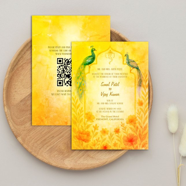 Invitation Peacock Floral Indien Hindu Mariage QR Code (Créateur téléchargé)