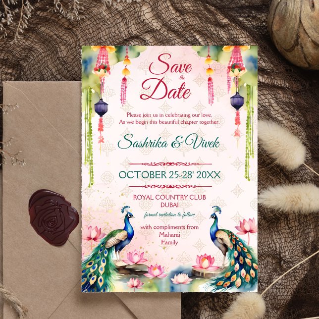 Invitation Peacock lotus mariage indien enregistrer la date (Peacocks lotus garden Indian wedding save the date editable template invitation digital download)