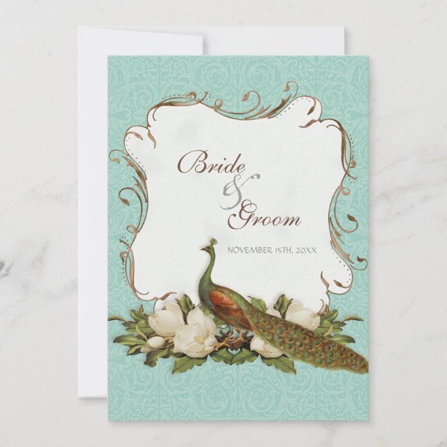 Invitation Peacock Magnolia Floral Swirl Mariage damassé (Devant)