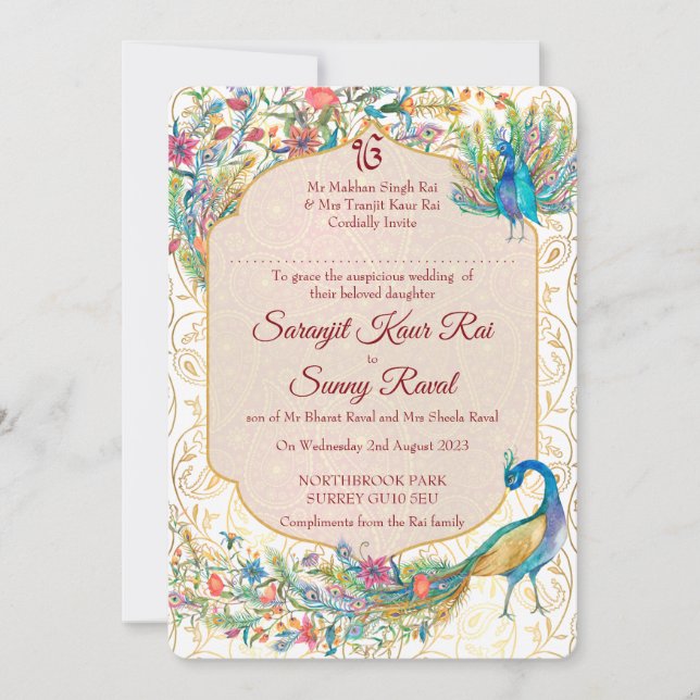 Invitation Peacock motif indien mariage pour la mariée (Devant)