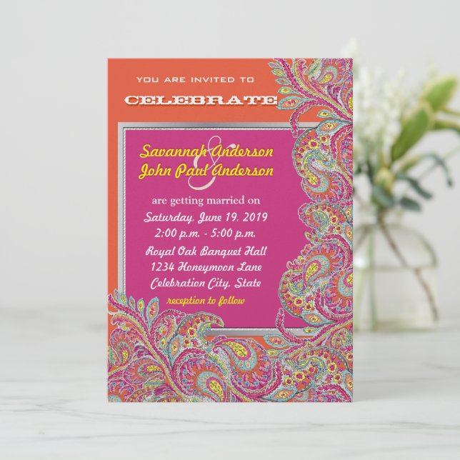 Invitation Peacock Paisley Tangerine Mustard Jaune Fuchsia (Debout devant)