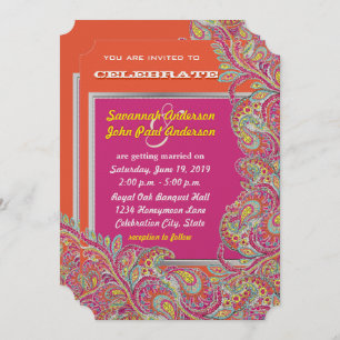 Invitation Peacock Paisley Tangerine Mustard Jaune Fuchsia