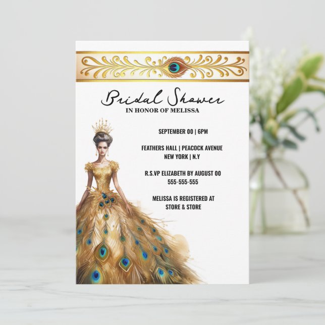 Invitation Peacock plumes mariage robe nuptiale douche (Debout devant)